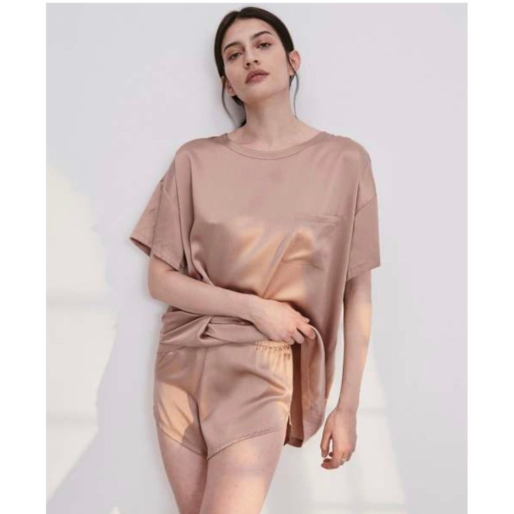 Lunya Washable Silk Tee and Short Set Otium Tan Pink XS S Womens‎ PJs Loungewear